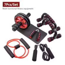 Fitness 7-Piece Set, Black Abdominal Wheel, Push-Up Equipment, Multifunctional Training.